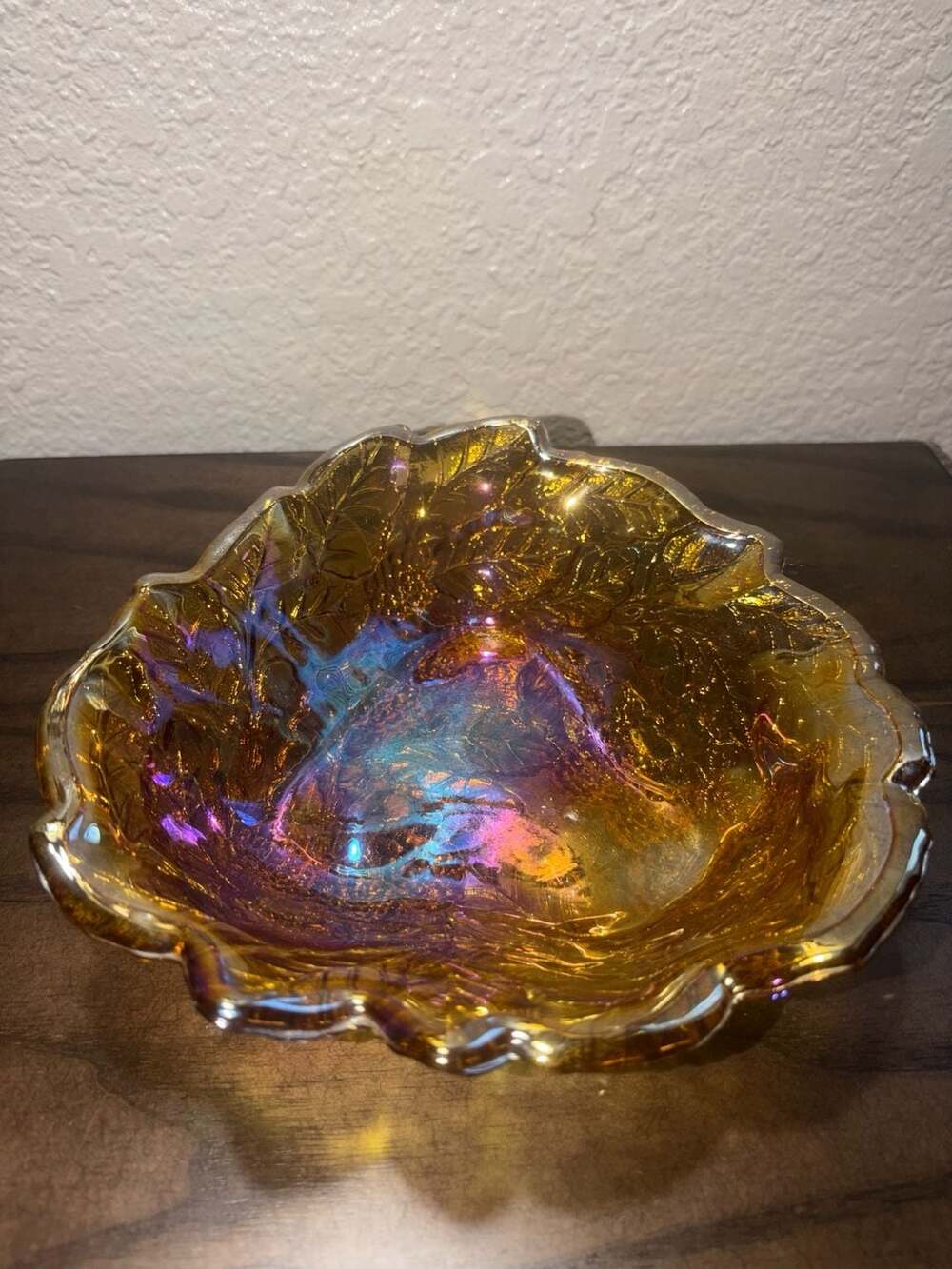 Vintage Indiana Glass Marigold Carnival Glass Loganberry Leaf Triangular Bowl